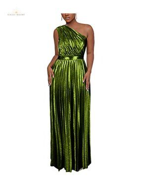 Women's Metallic One Shoulder Sleeveless Pleated Maxi Dress